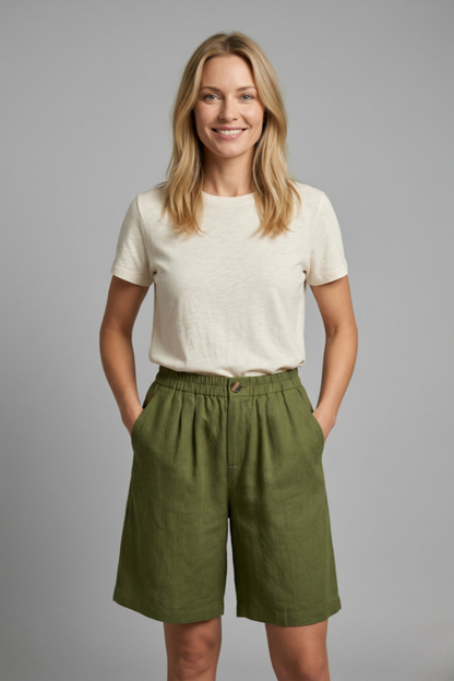 Linen Relaxed Shorts in Army Green – Rosa by Maravesse