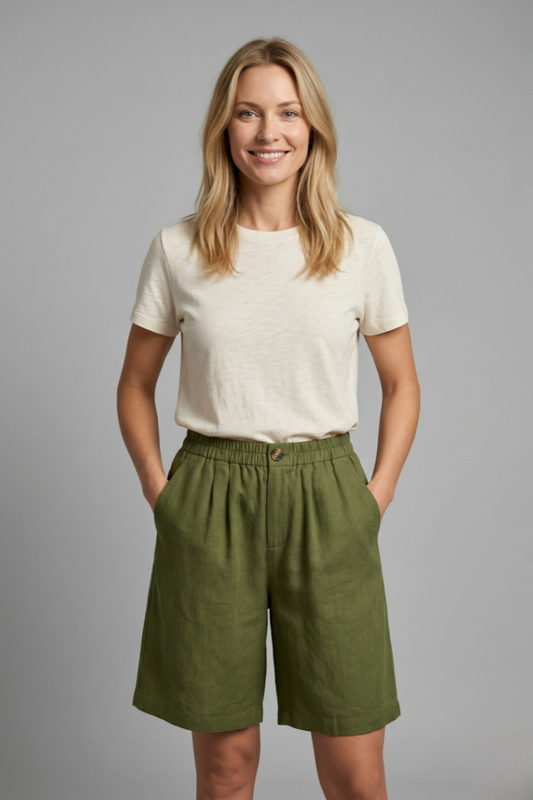Linen Relaxed Shorts in Army Green – Rosa by Maravesse
