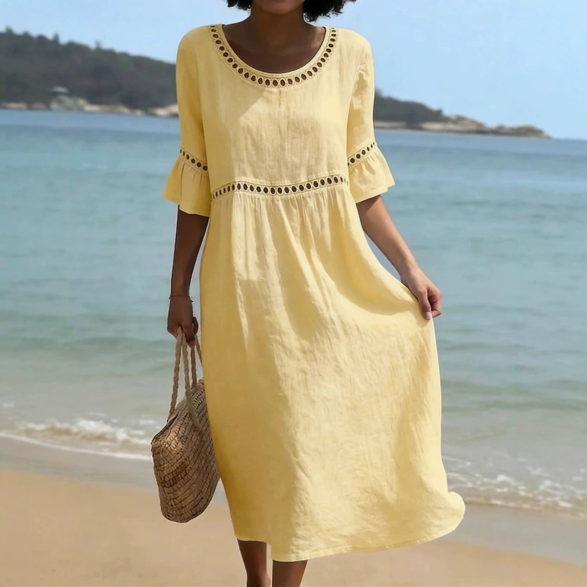 Linen Relaxed Midi Dress in Yellow – Anouk by Maravesse