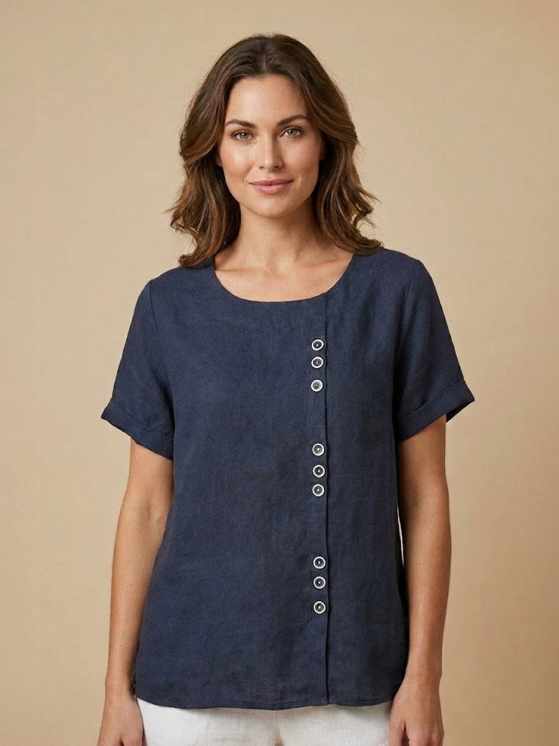 Linen Relaxed Top in Navy Blue – Louisa by Maravesse