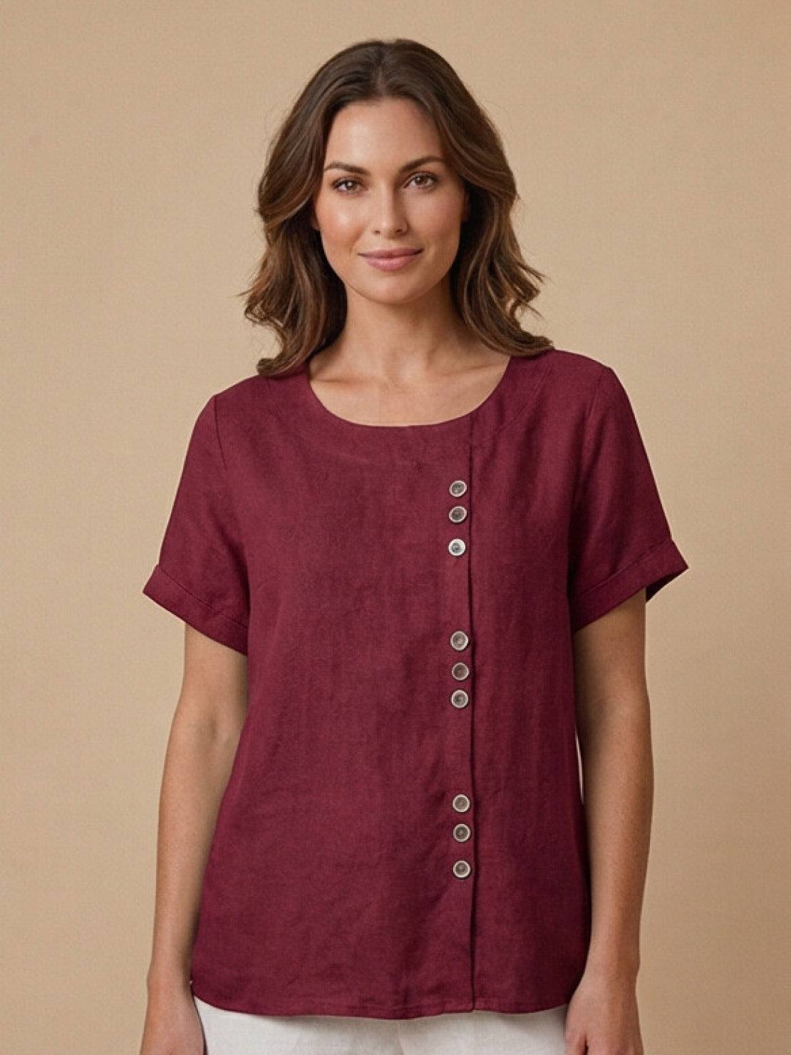 Linen Relaxed Top in Burgundy – Louisa by Maravesse