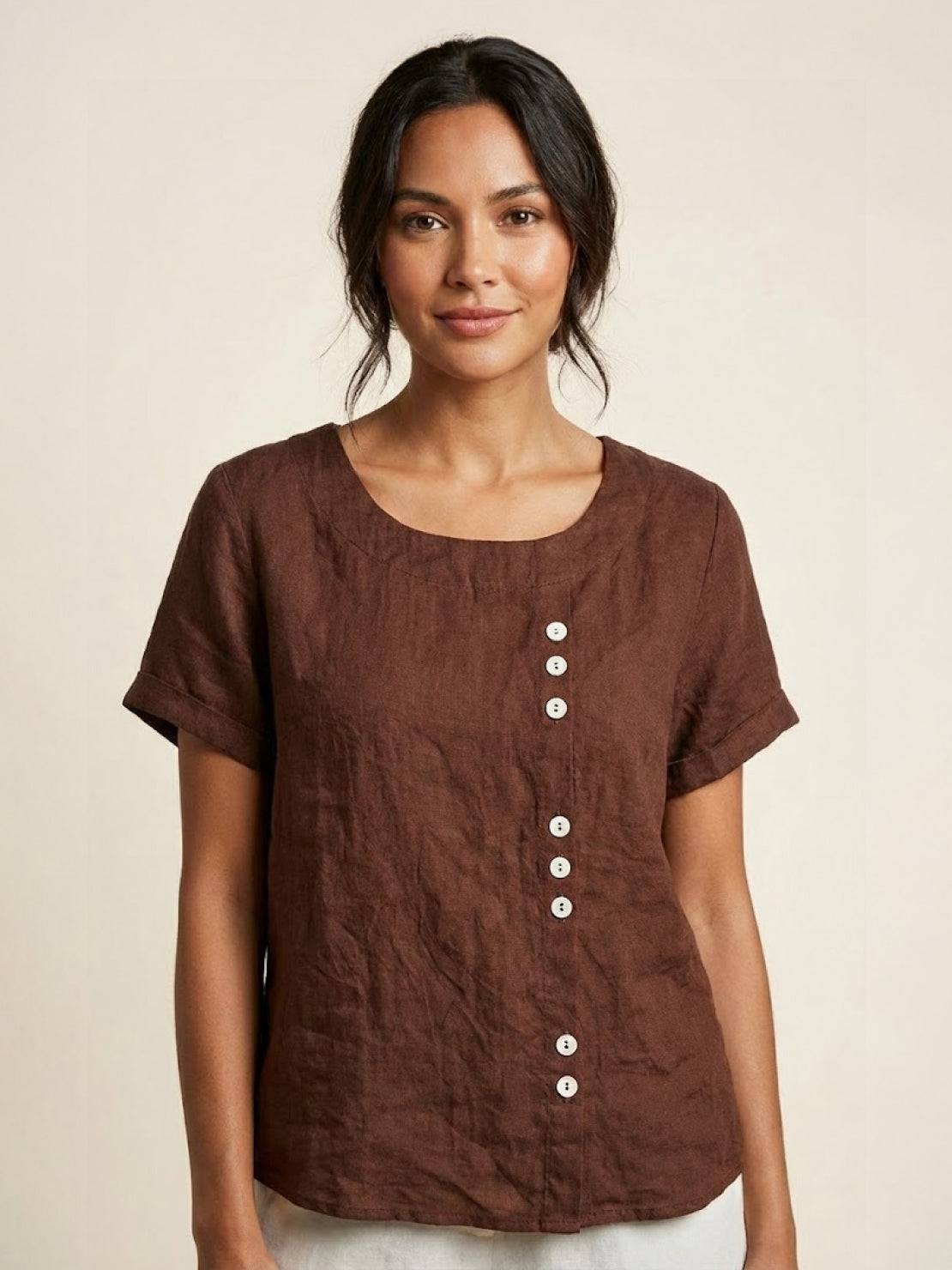 Linen Relaxed Top in Coffee Brown – Louisa by Maravesse