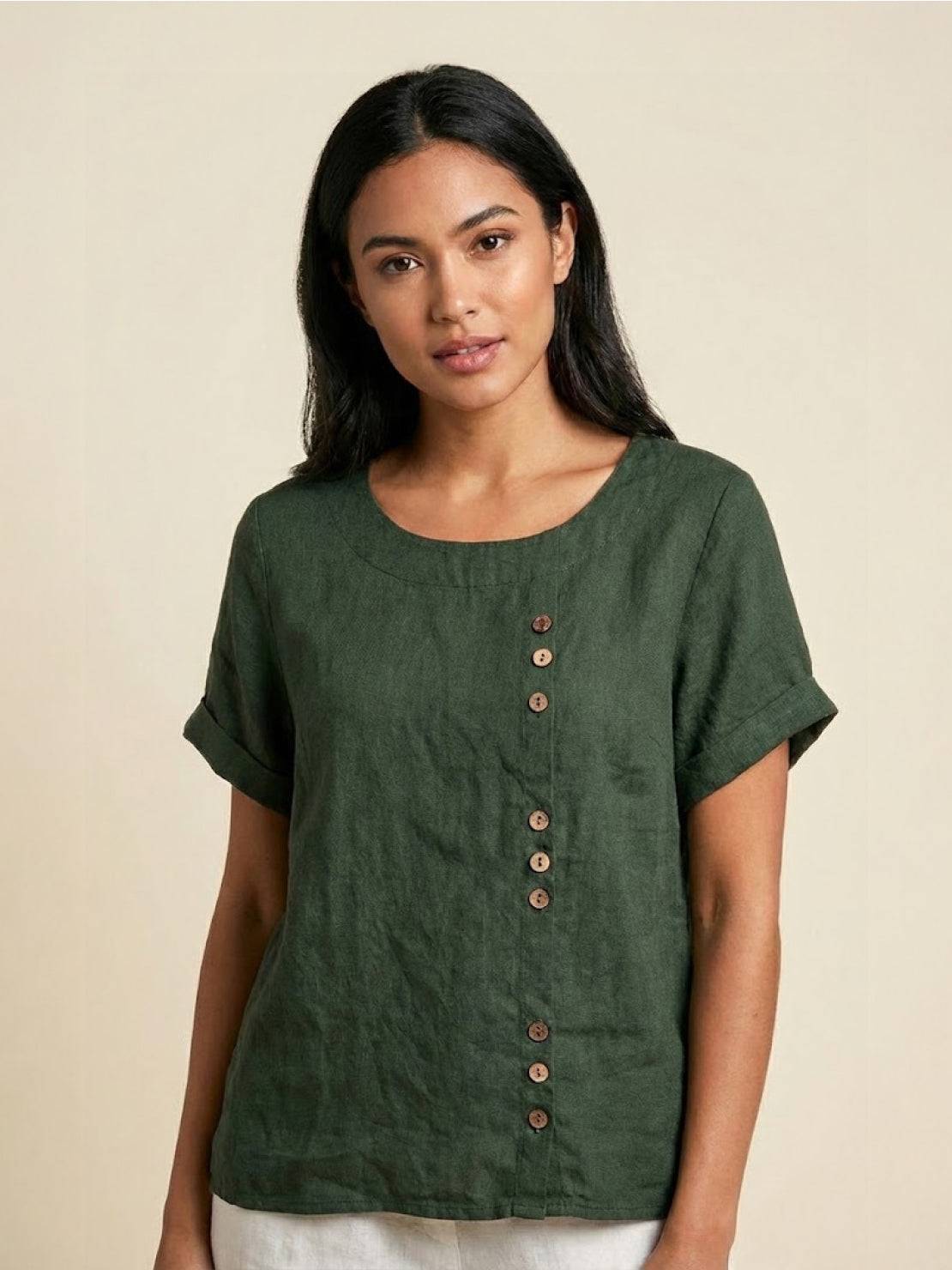 Linen Relaxed Top in Army Green – Louisa by Maravesse