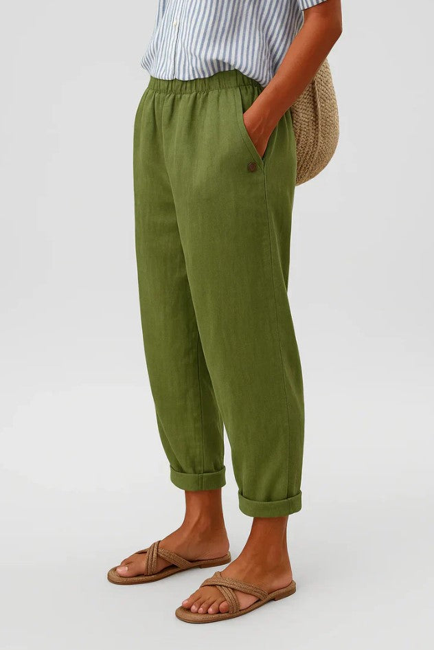 Linen Relaxed Trousers in Olive Green – Beatrix by Maravesse