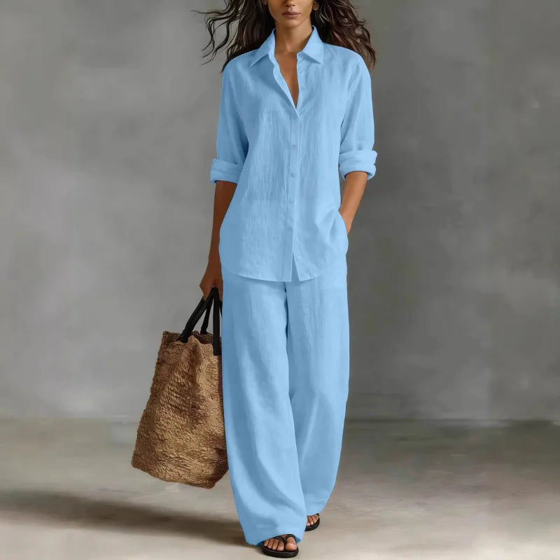 Shirt Linen Set in Light Blue – Seraphina by Maravesse