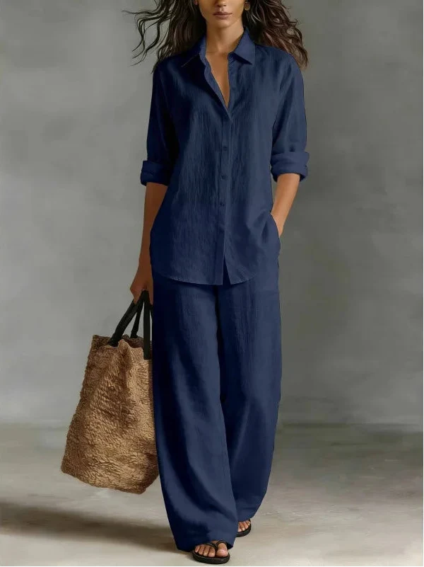 Shirt Linen Set in Navy Blue – Seraphina by Maravesse
