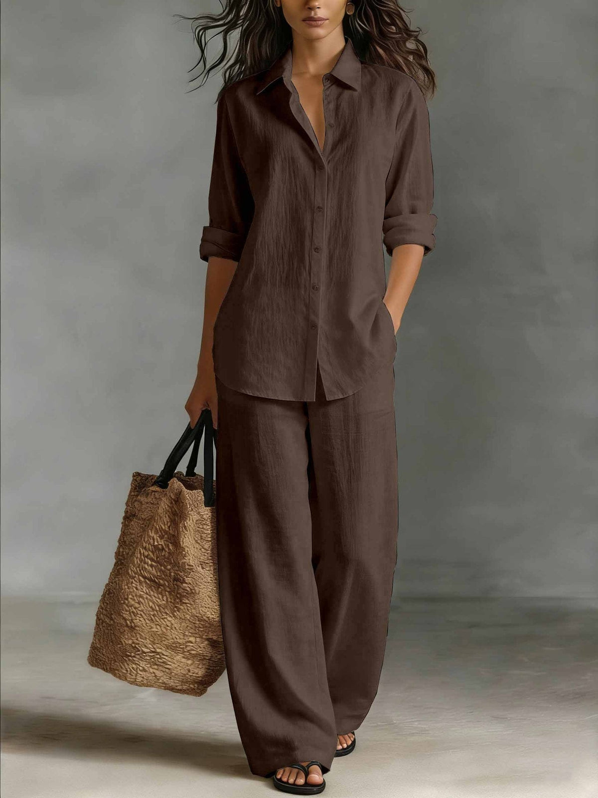 Shirt Linen Set in Brown – Seraphina by Maravesse