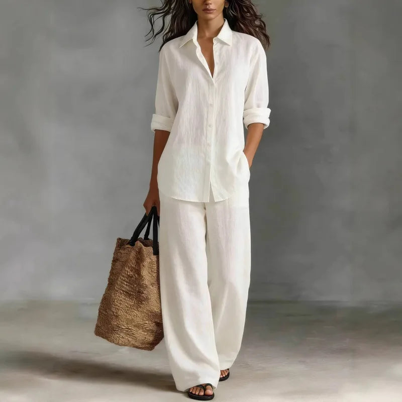 Shirt Linen Set in White – Seraphina by Maravesse