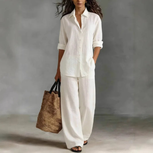 Shirt Linen Set in White – Seraphina by Maravesse