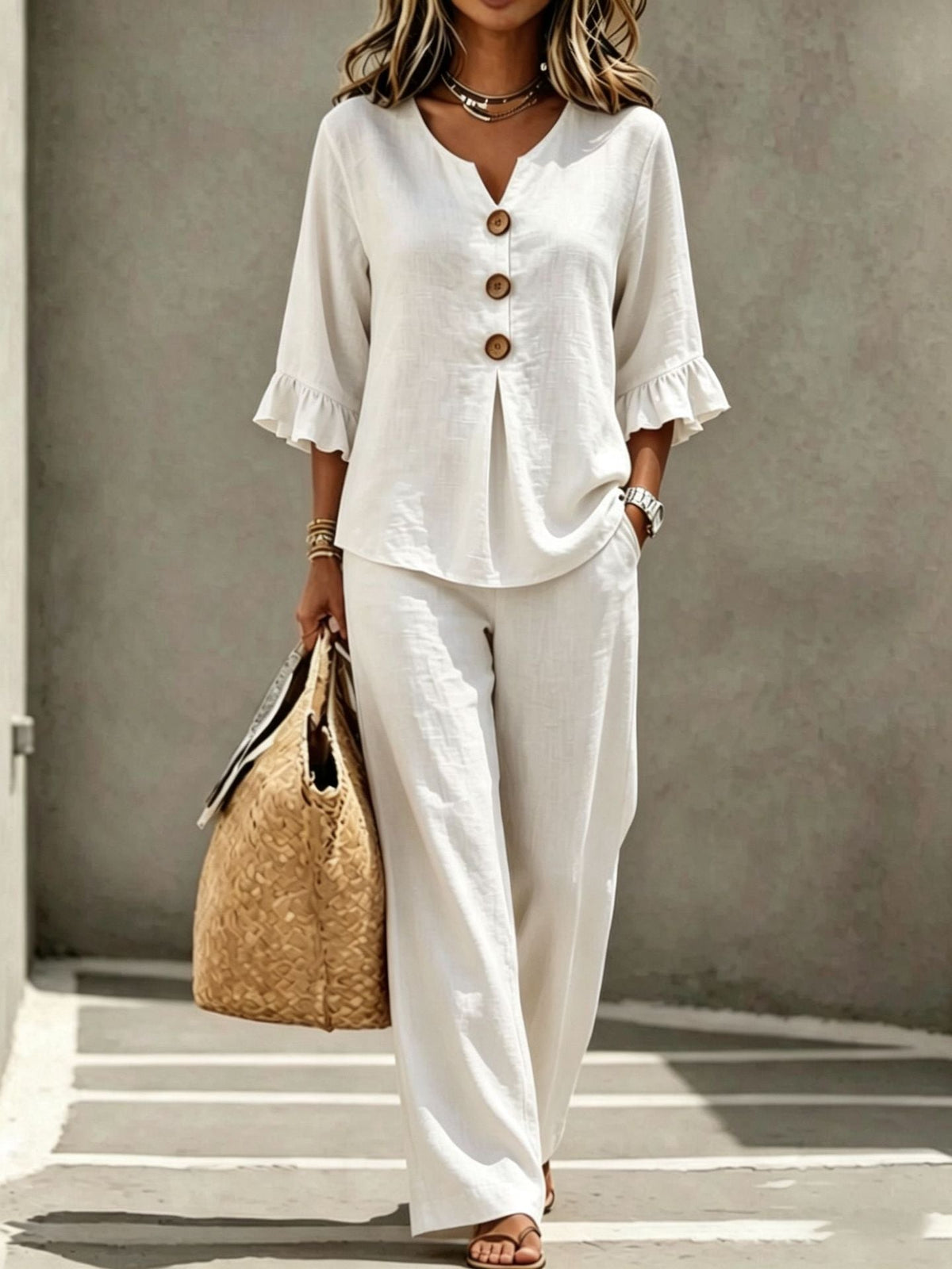 Ruffle Linen Set in White – Elodie by Maravesse