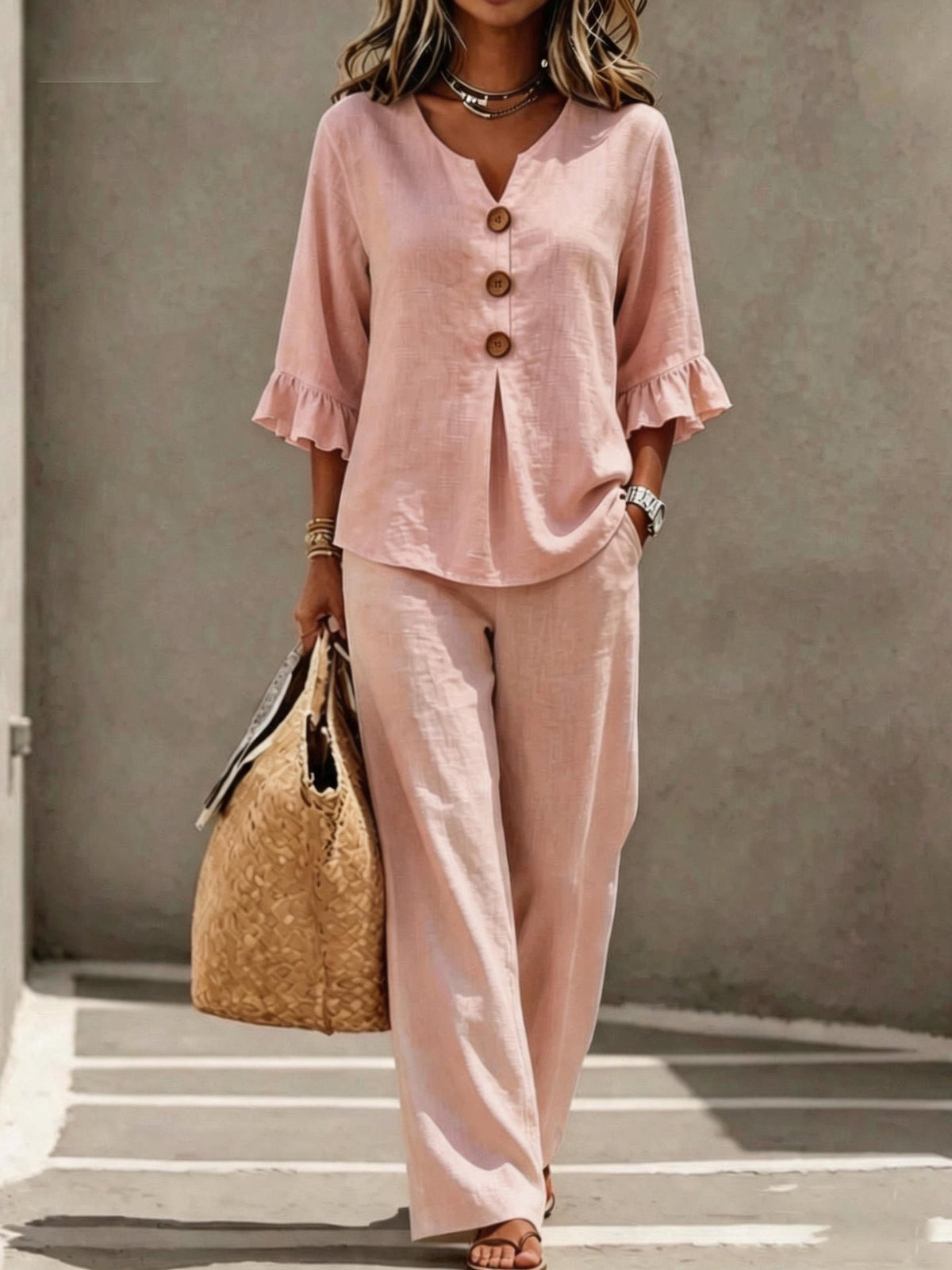 Ruffle Linen Set in Pink – Elodie by Maravesse
