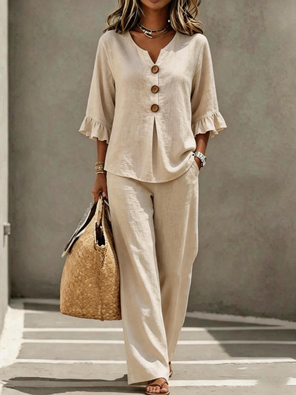 Ruffle Linen Set in Beige – Elodie by Maravesse