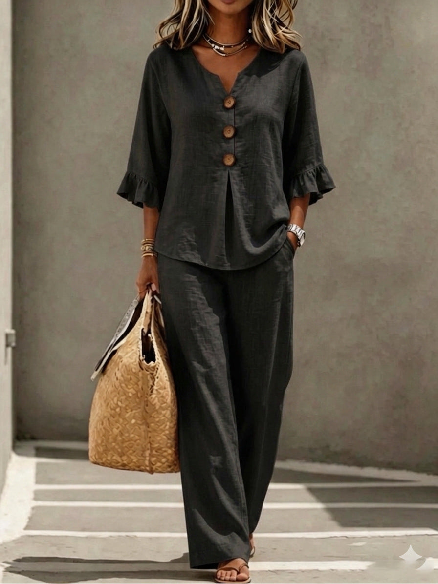Ruffle Linen Set in Black – Elodie by Maravesse
