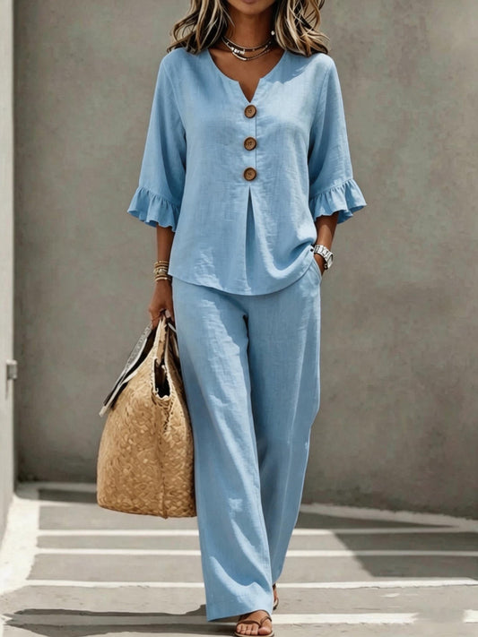 Ruffle Linen Set in Light Blue – Elodie by Maravesse