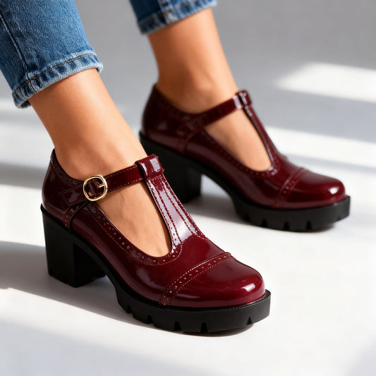 Mary Jane Chunky Heels in Burgundy – Theodora by Maravesse