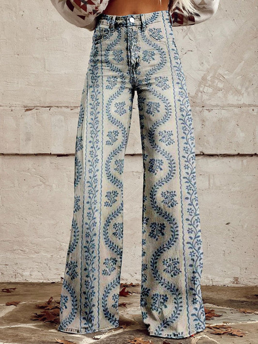 Retro Printed Trousers in Blue – Estelle by Maravesse