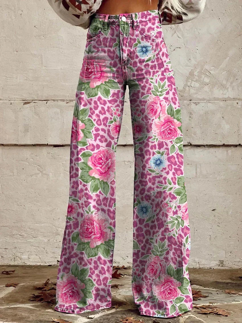 Retro Printed Trousers in Pink Flower – Estelle by Maravesse