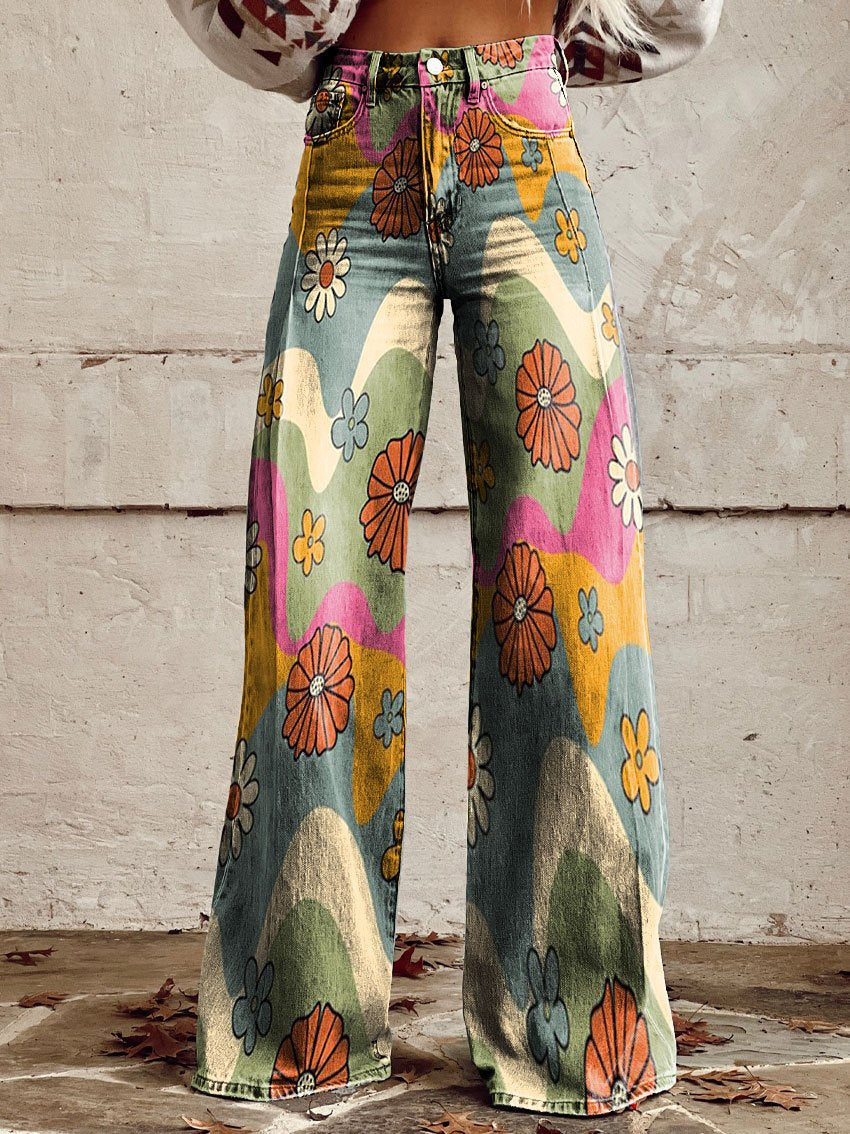 Retro Printed Trousers in Waves and Blossom – Estelle by Maravesse