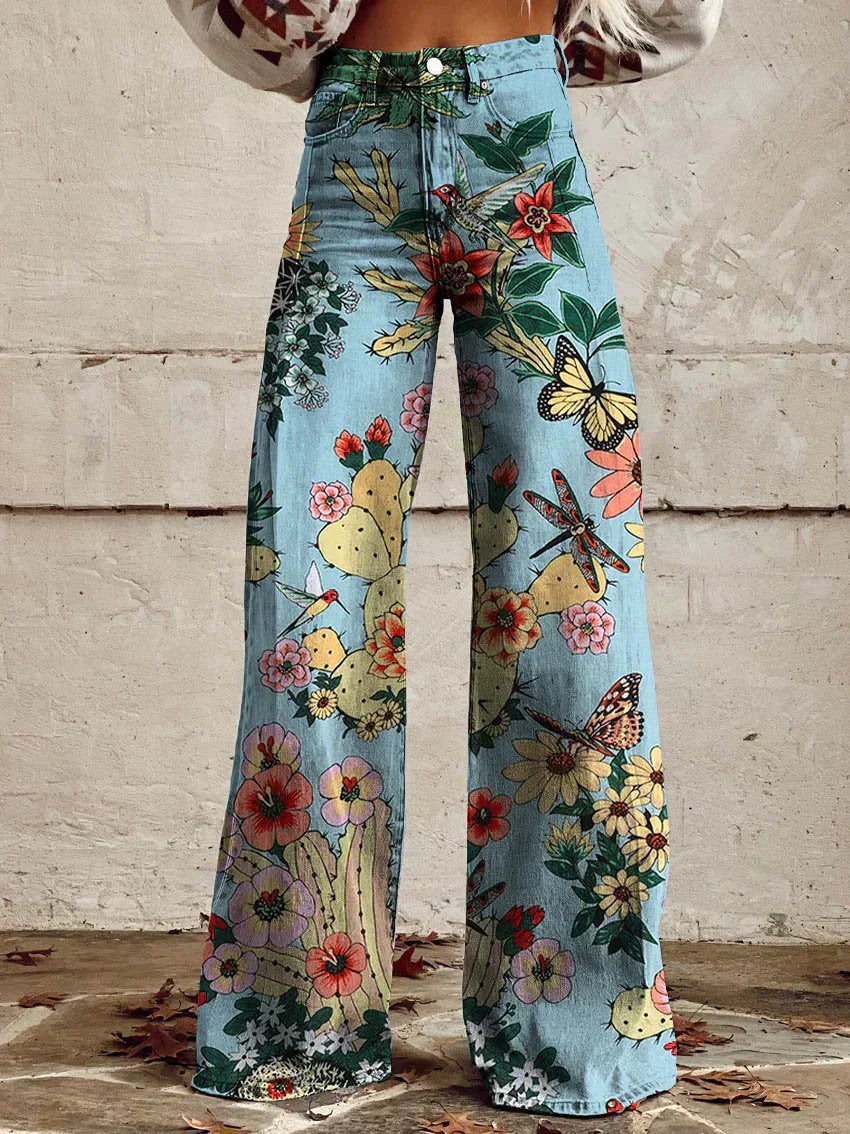 Retro Printed Trousers in Blue Forrest – Estelle by Maravesse