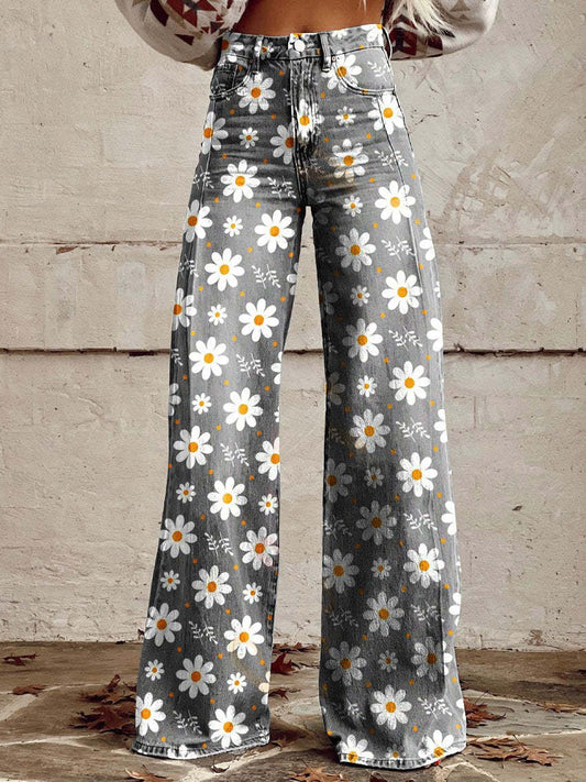 Retro Printed Trousers in White Flower – Estelle by Maravesse