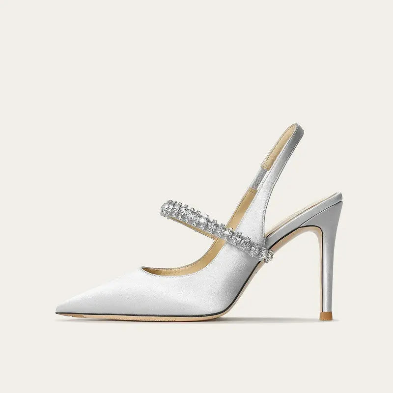 Satin Crystal Heels in Silver – Aurelia by Maravesse