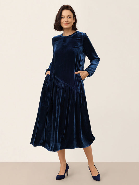 Silk Velvet Midi Dress in Ink Blue – Lena by Maravesse