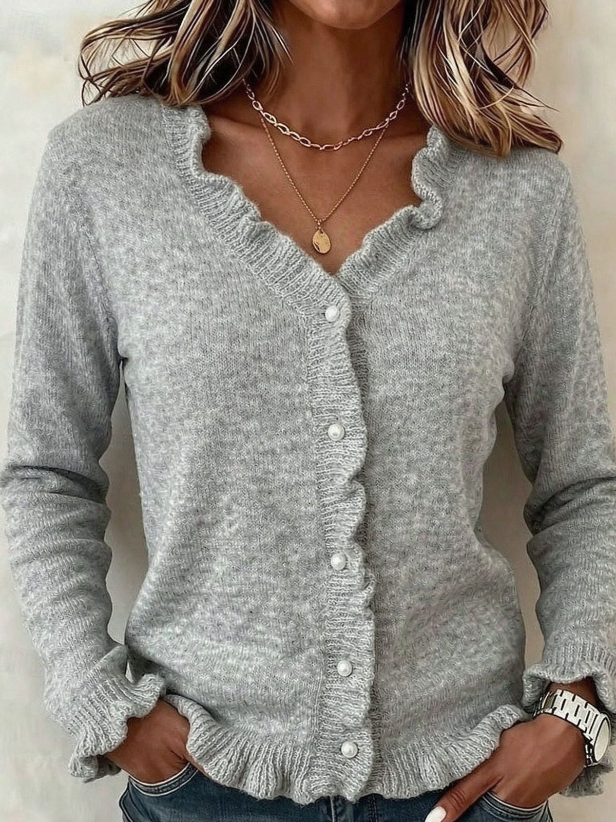 Frill Cardigan in Grey – Beatrix by Maravesse