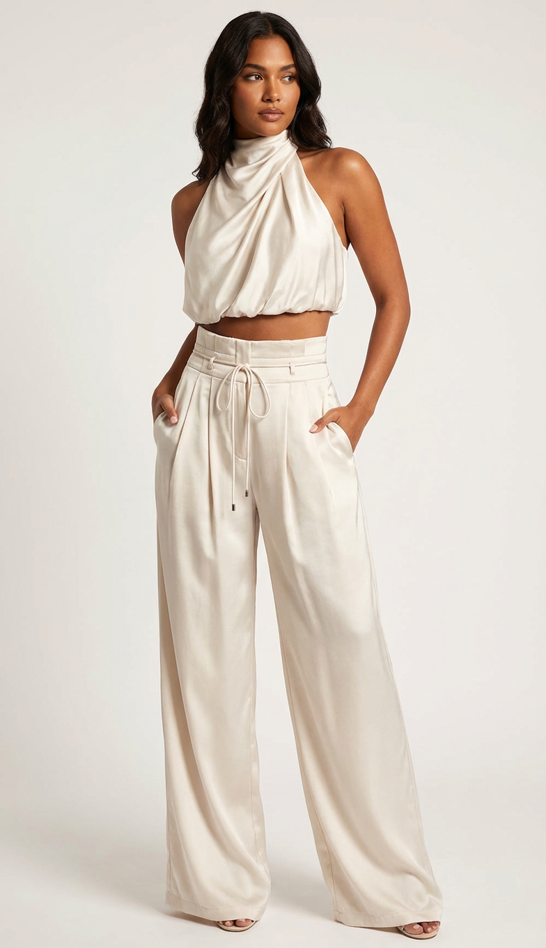 Halter Satin Set in Champagne – Juliette by Maravesse