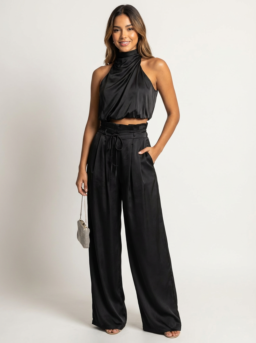 Halter Satin Set in Black – Juliette by Maravesse