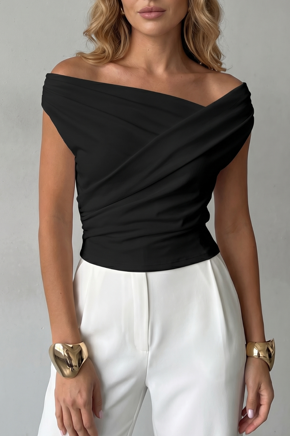 Off-Shoulder Ruched Blouse in Black – Rosa by Maravesse
