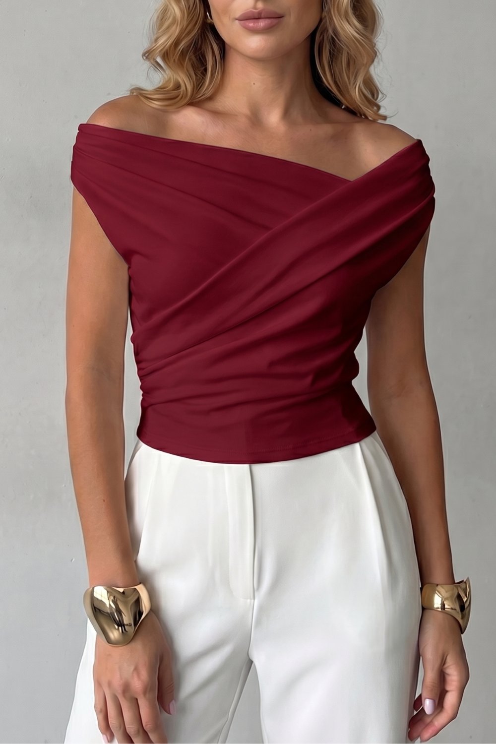 Off-Shoulder Ruched Blouse in Burgundy – Rosa by Maravesse