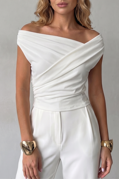 Off-Shoulder Ruched Blouse in White – Rosa by Maravesse