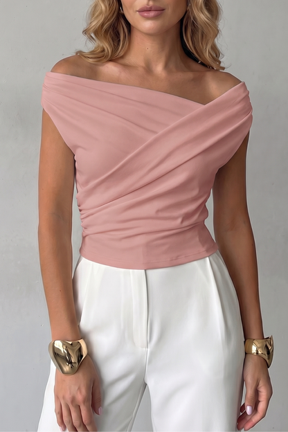 Off-Shoulder Ruched Blouse in Pink – Rosa by Maravesse