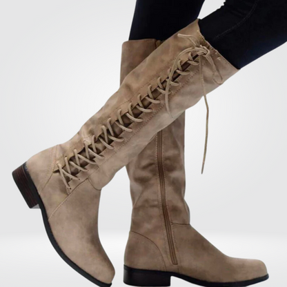 Lace Leather Boots in Beige – Evangeline by Maravesse