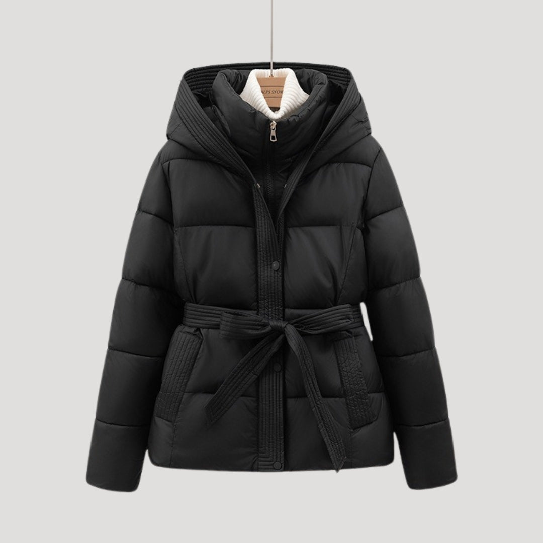 Belted Puffer Jacket in Black – Josephine by Maravesse