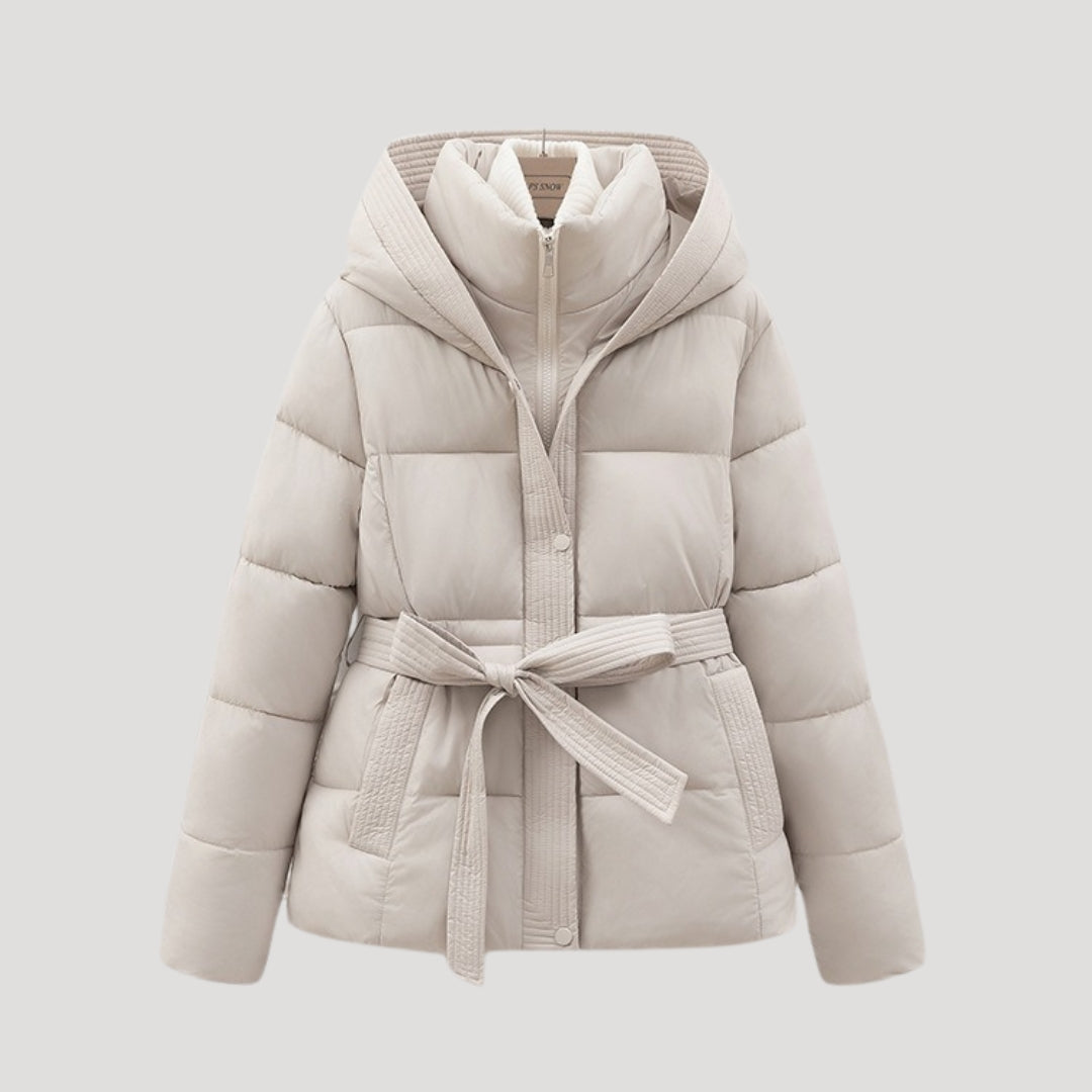 Belted Puffer Jacket in Beige – Josephine by Maravesse