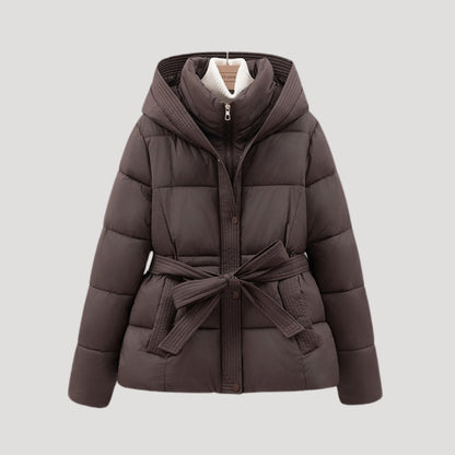 Belted Puffer Jacket in Brown – Josephine by Maravesse
