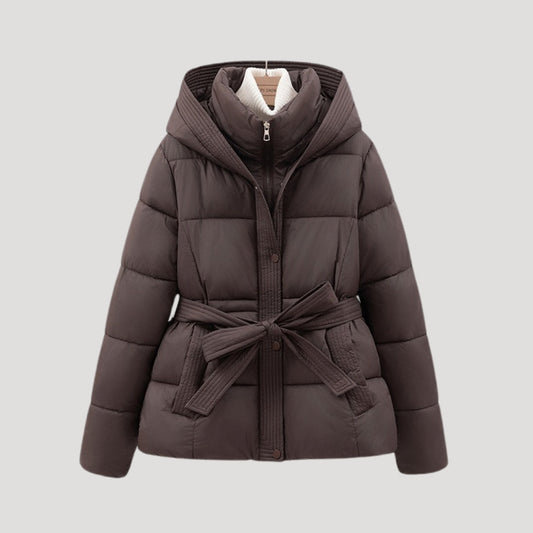 Belted Puffer Jacket in Brown – Josephine by Maravesse