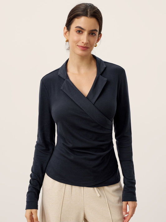 Wool Ruched Top in Navy Blue – Sienna by Maravesse