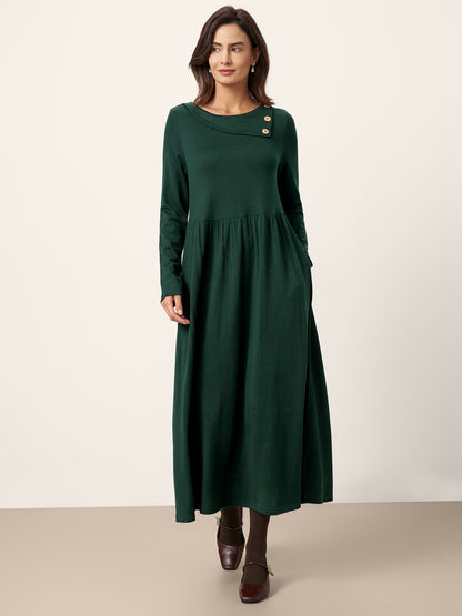 Pleated Wool Midi Dress in Deep Olive – Celestine by Maravesse