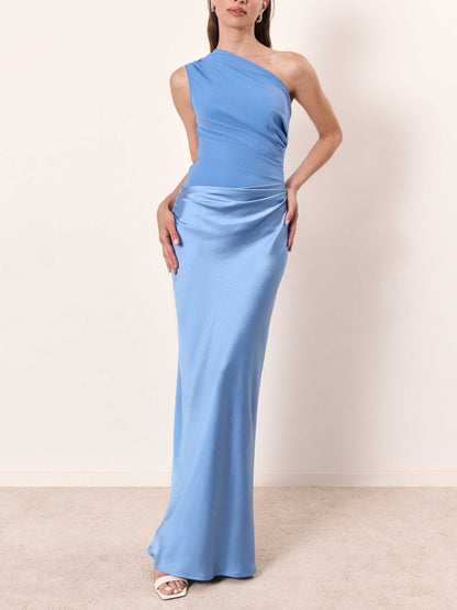 Pleated One-Shoulder Maxi Dress in Blue – Maren by Maravesse