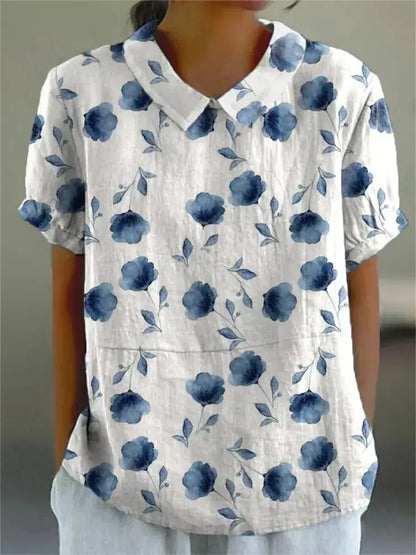 Linen Blouse in White/Blue – Genevieve by Maravesse