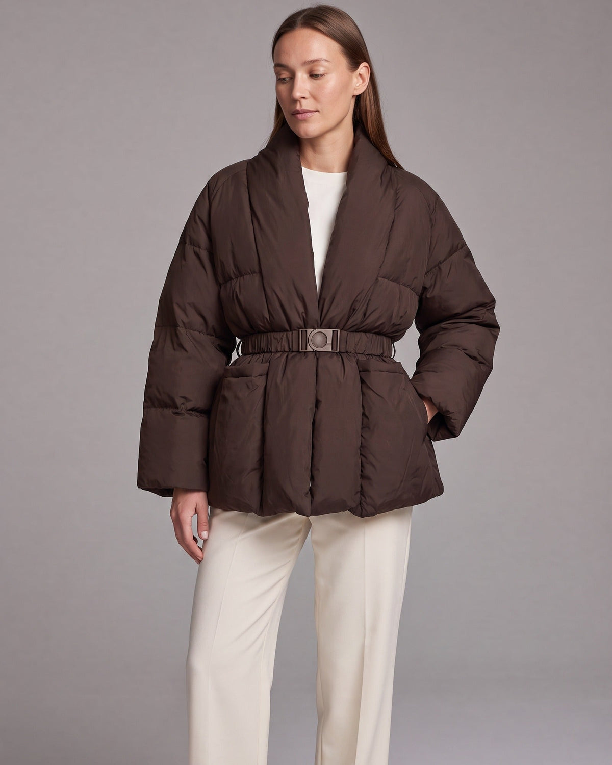 Belted Puffer Jacket in Brown – Florence by Maravesse
