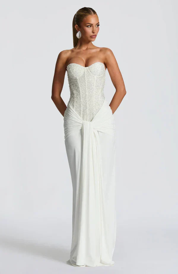 Corset Embellished Maxi Dress in White – Colette by Maravesse