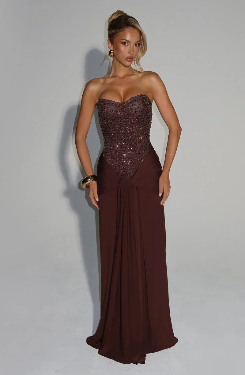 Corset Embellished Maxi Dress in Brown – Colette by Maravesse