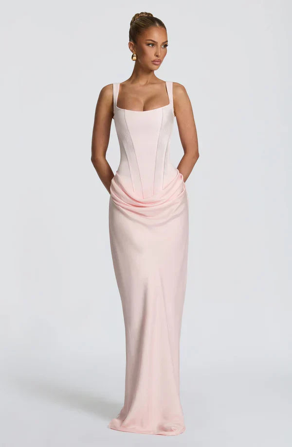 Satin Corset Maxi Dress in Blush – Harriet by Maravesse