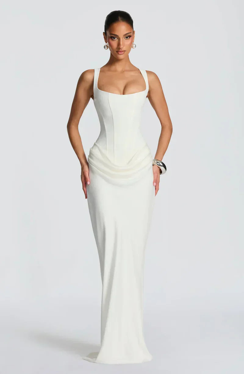 Satin Corset Maxi Dress in White – Harriet by Maravesse