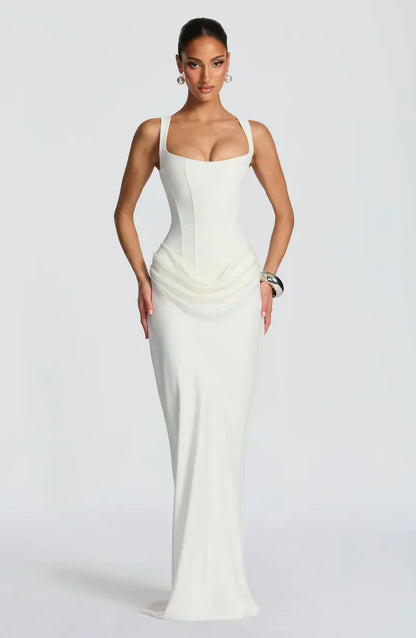 Satin Corset Maxi Dress in White – Harriet by Maravesse