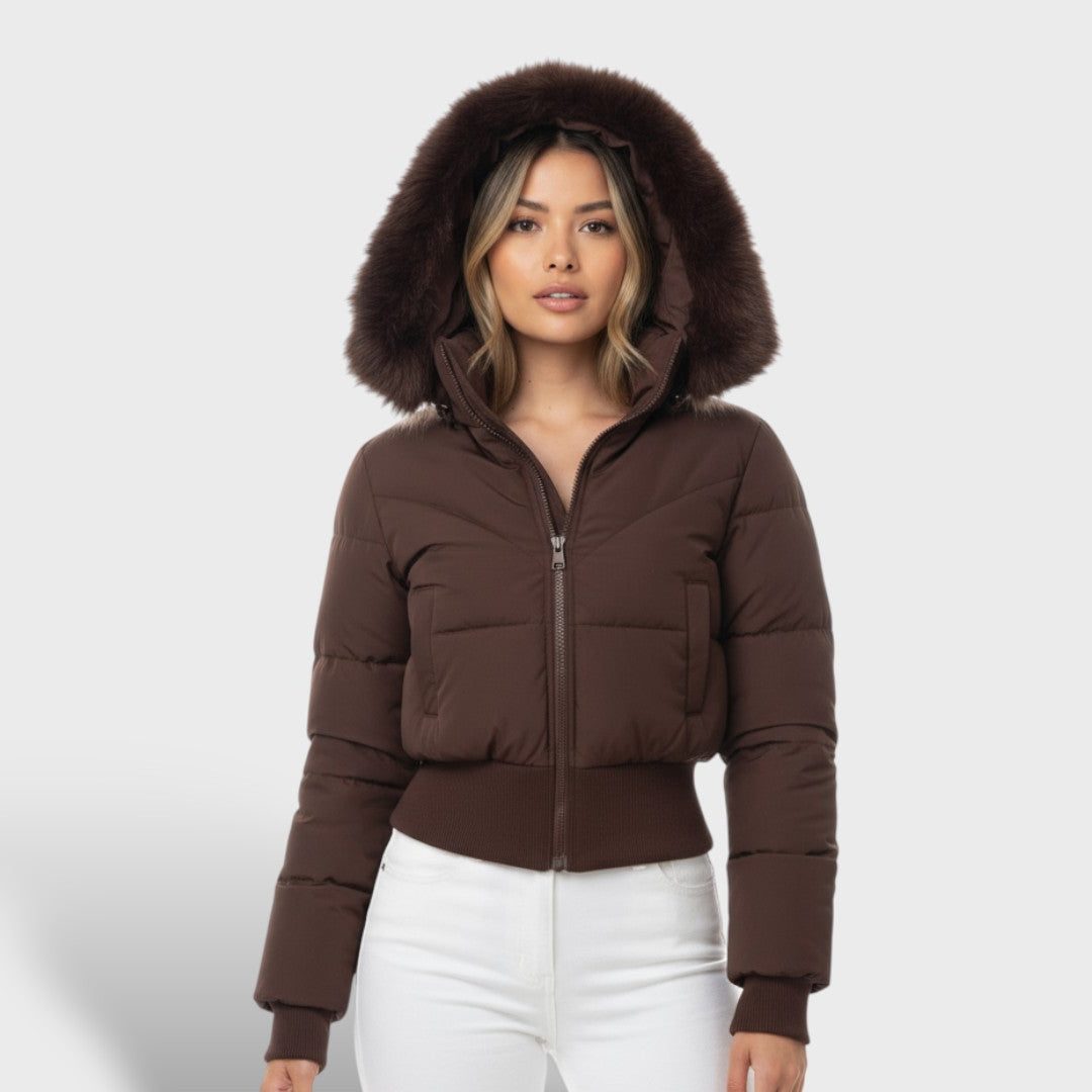 Faux Fur Cropped Puffer Jacket in Brown – Celine by Maravesse
