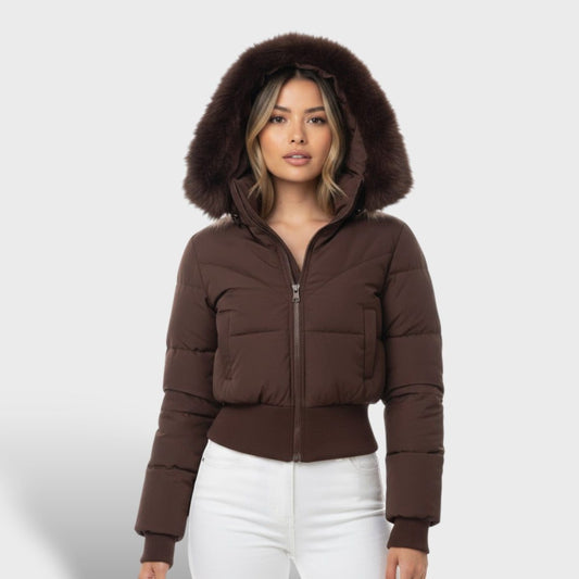 Faux Fur Cropped Puffer Jacket in Brown – Celine by Maravesse